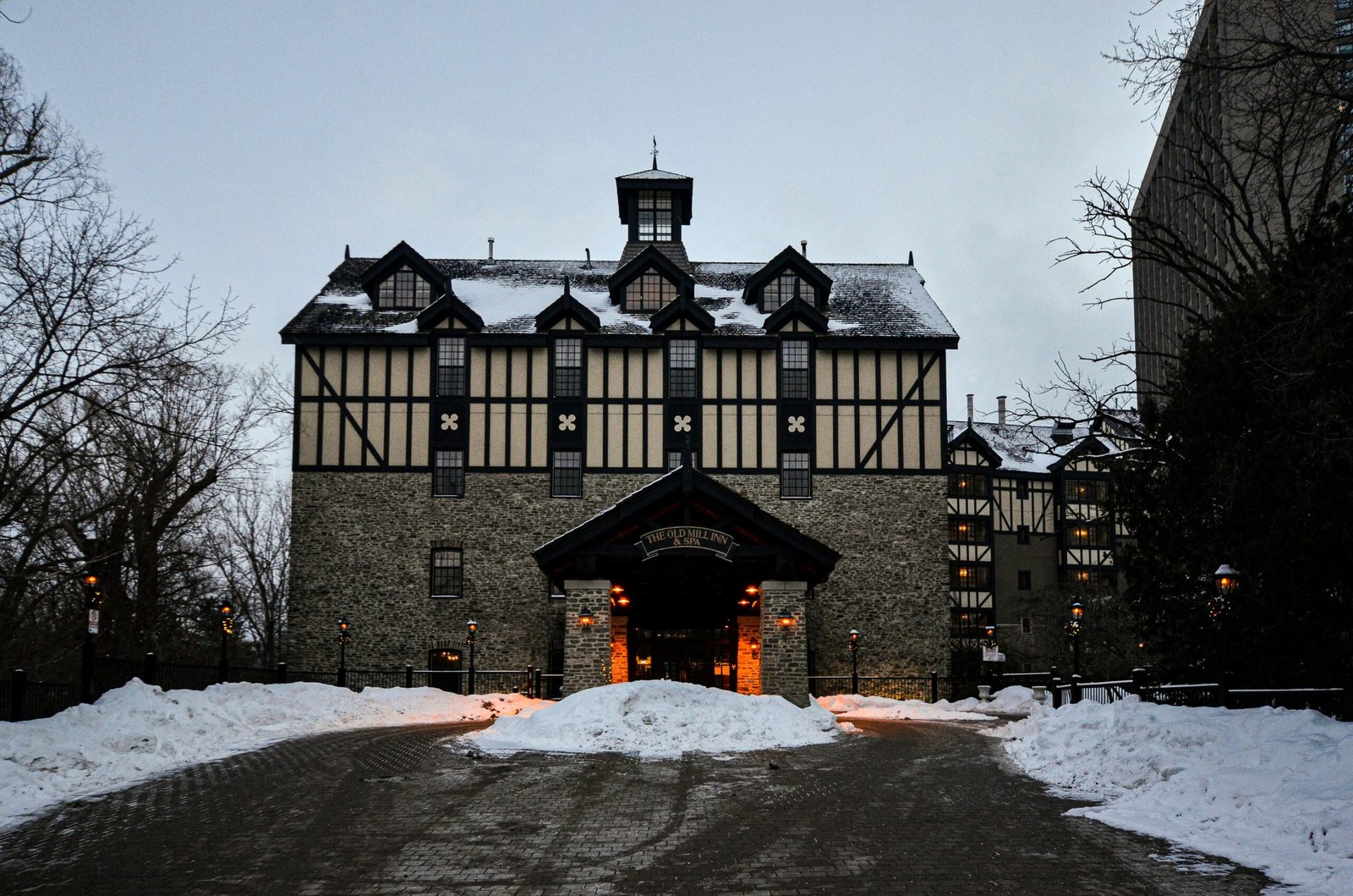 a large building with a lot of snow on the ground